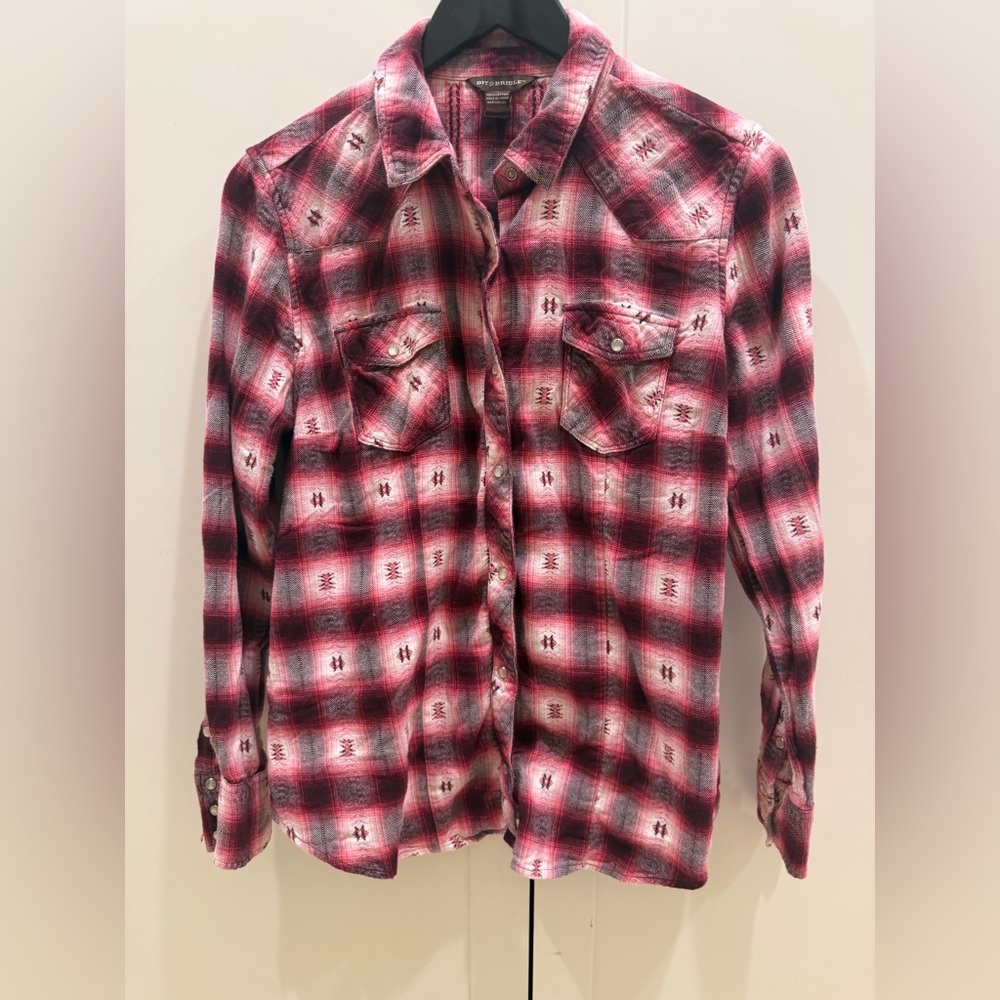 Bit & Bridle Maroon and White Western Plaid Button Up Shirt